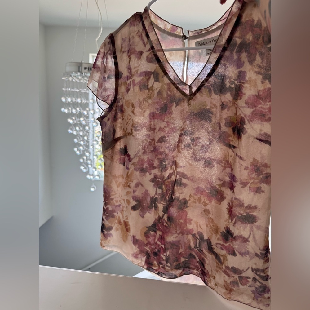 Coldwater Creek Sheer Floral Blouse - Pink and Cream